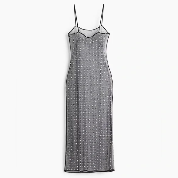 H&M Sheer Black Pearl-Embellished Mesh Slip Dress | Evening / Layering Piece - Picture 2 of 4